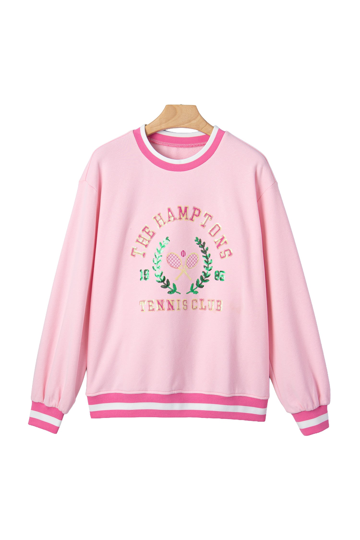 Pink Embroidered Tennis Club Crew Neck Pullover Sweatshirt