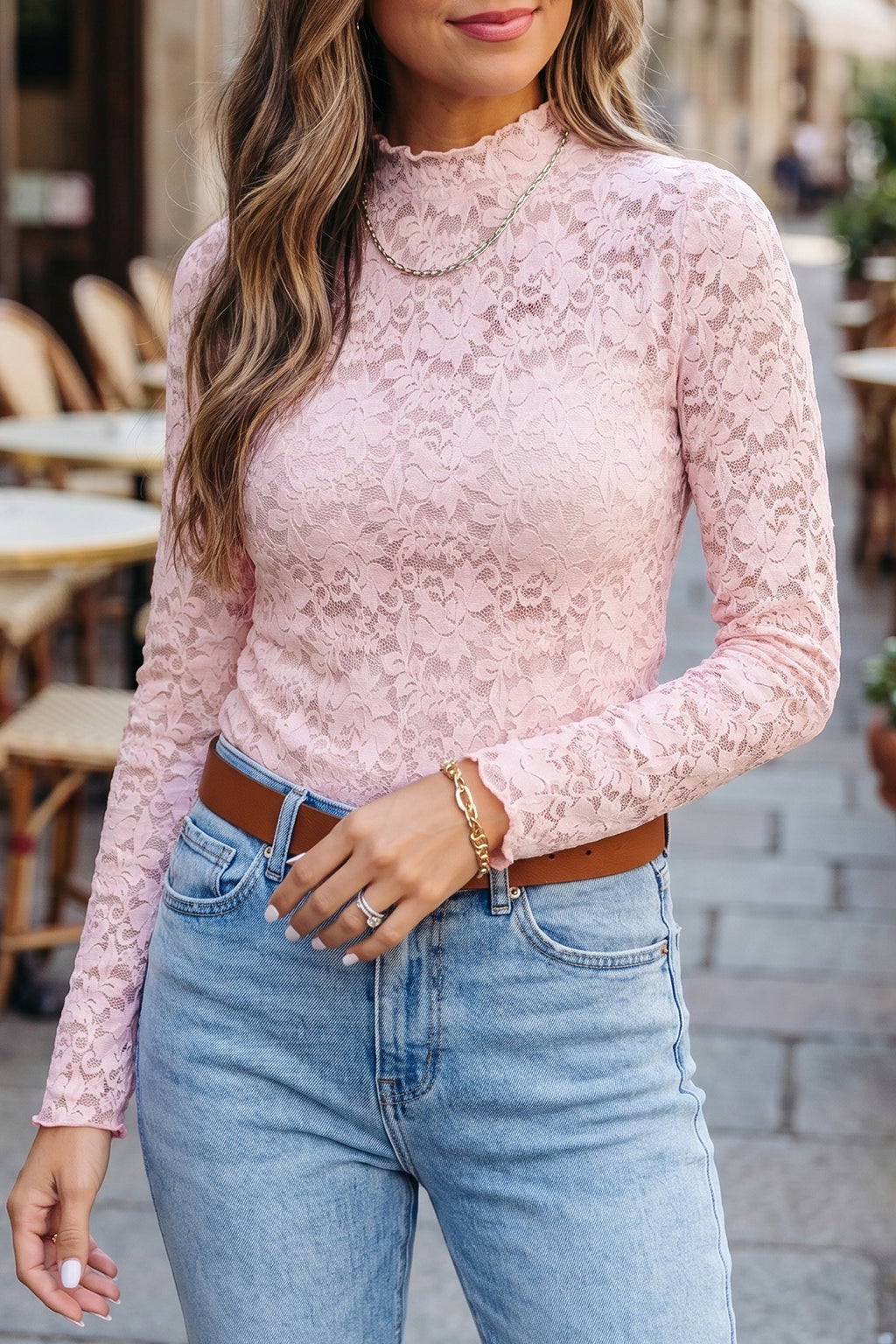Light Pink Floral Lace Long Sleeve Stand Neck Pullover Top