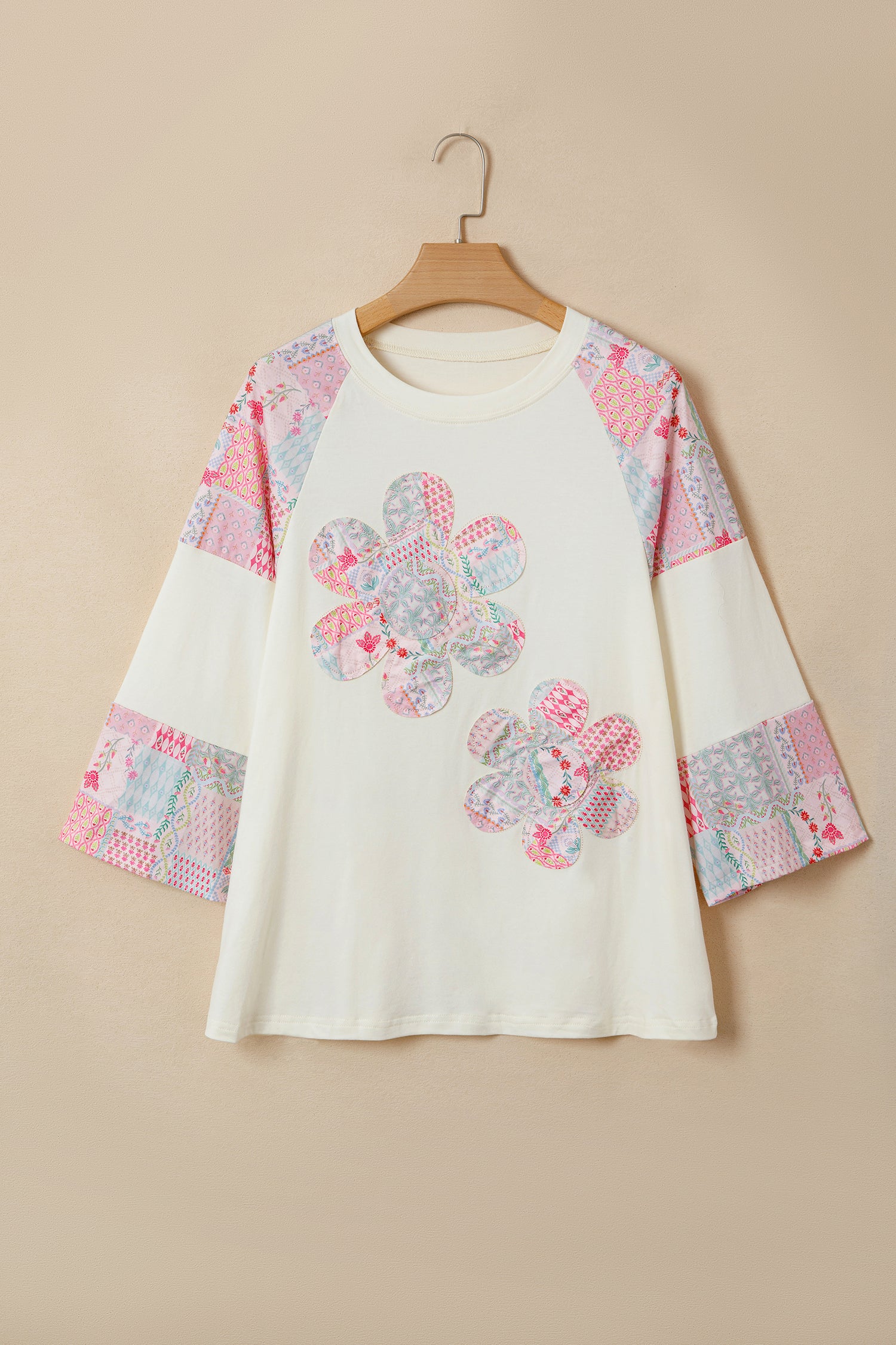 Beige Color Block Retro Floral Patchwork Long Sleeve Top