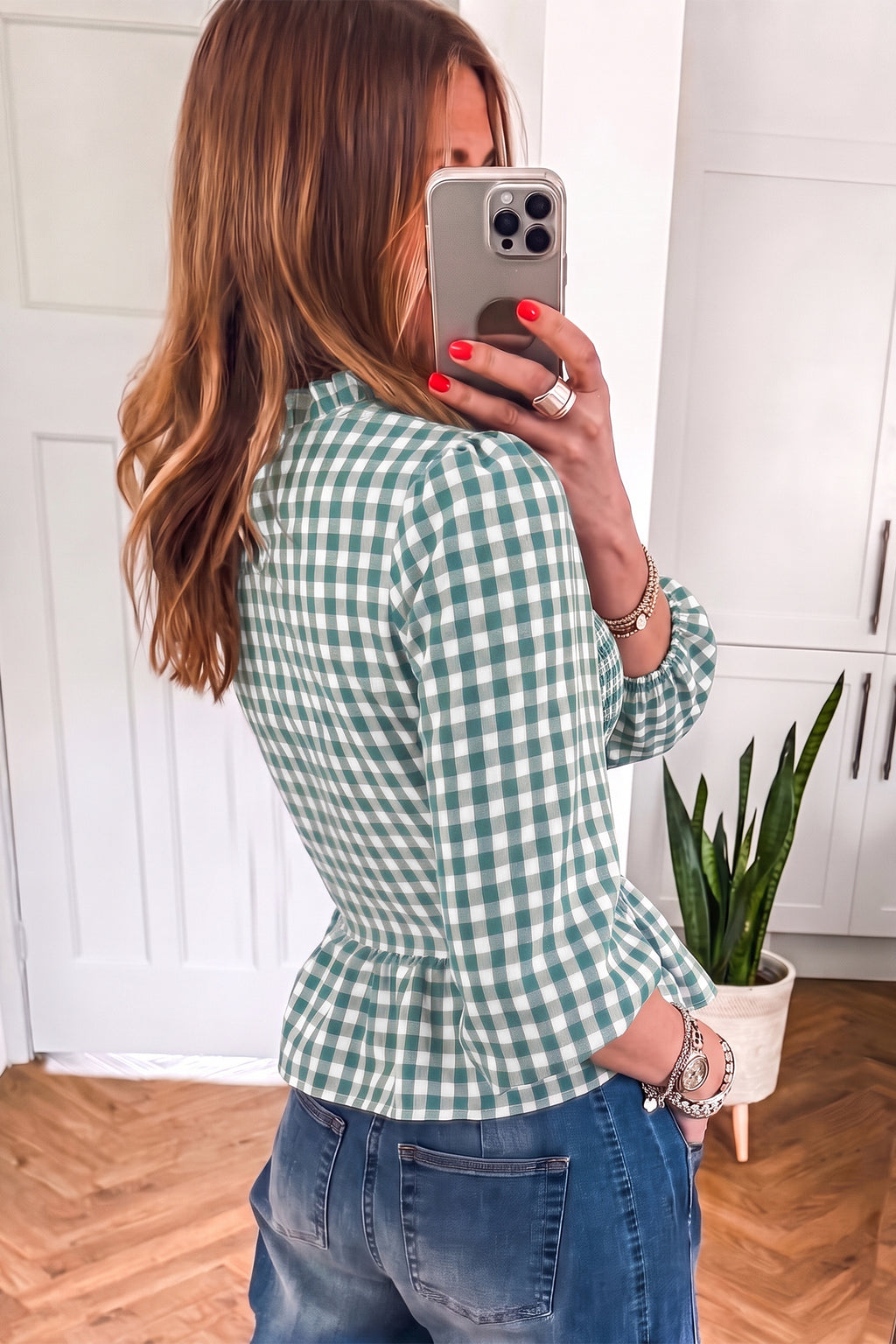 Red 3/4 Sleeve Shirred Plaid Peplum Top