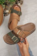 Blackish Green Retro Buckle Cutout Straps PU Leather Studded Slippers