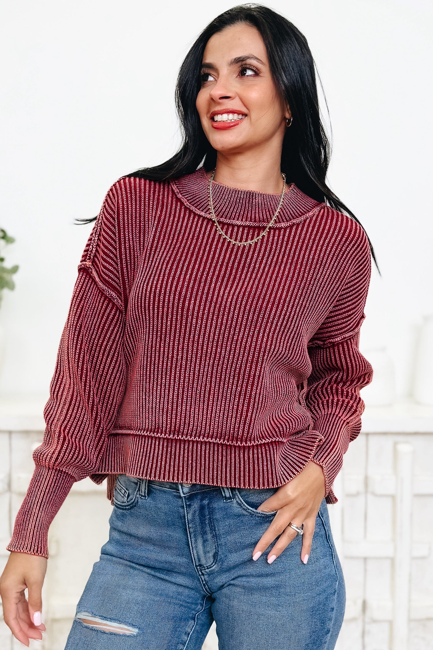 Red Dahlia Drop Shoulder High Neck Ribbed Sweater