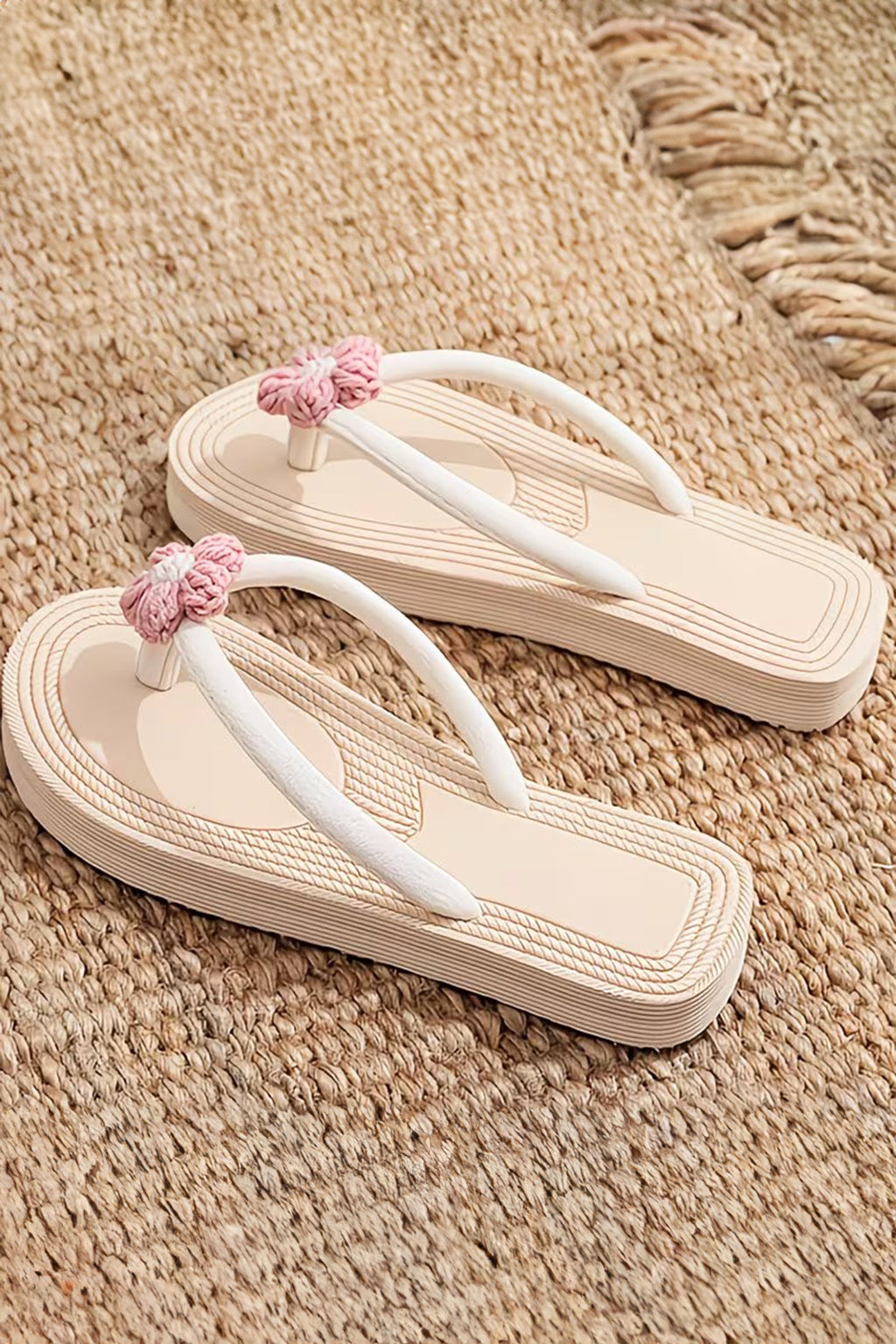Khaki Corded Flower Vacation Casual Flip Flops