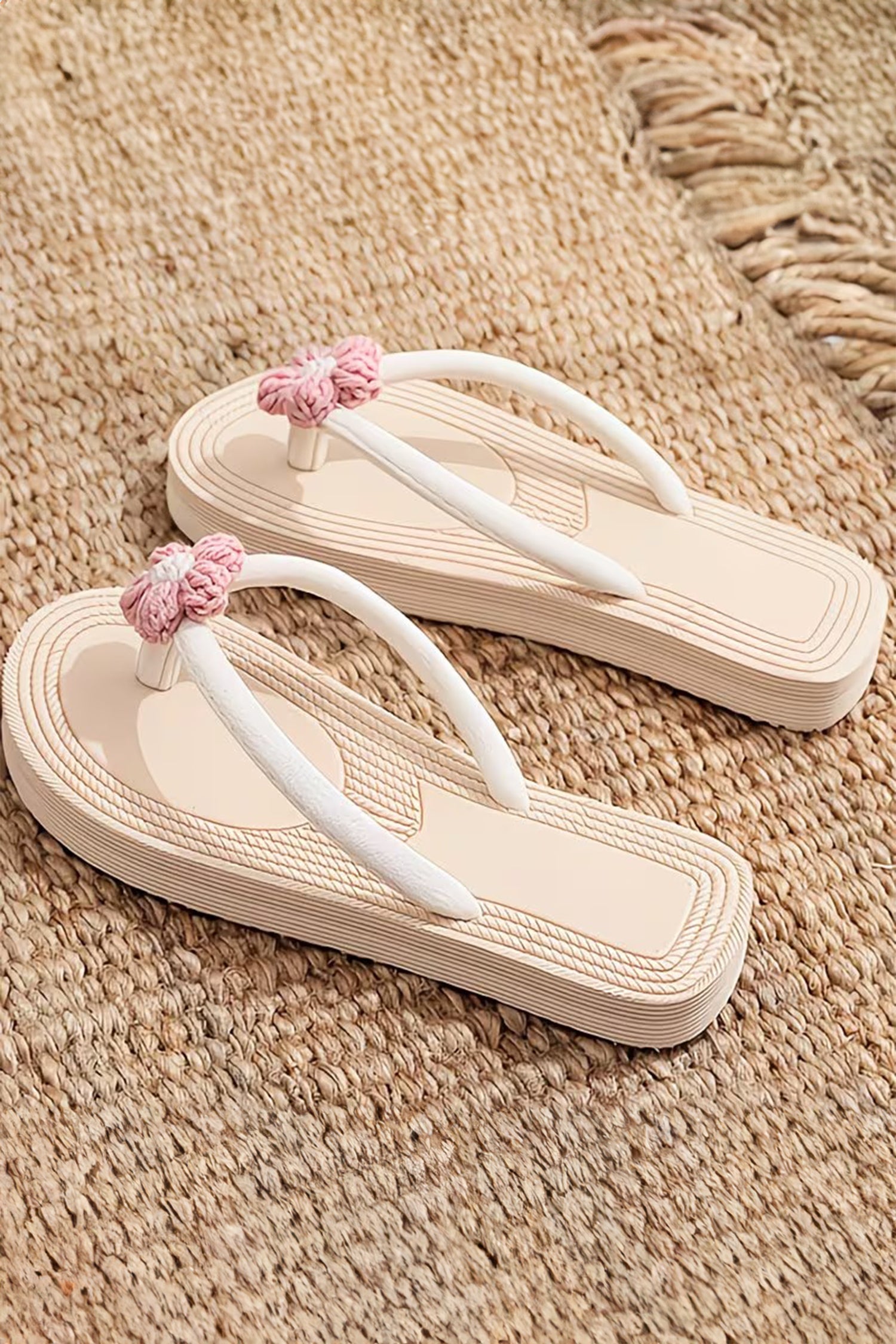 Khaki Corded Flower Vacation Casual Flip Flops