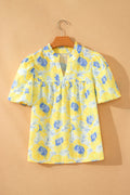 Yellow Short Bubble Sleeve Summer Floral Blouse