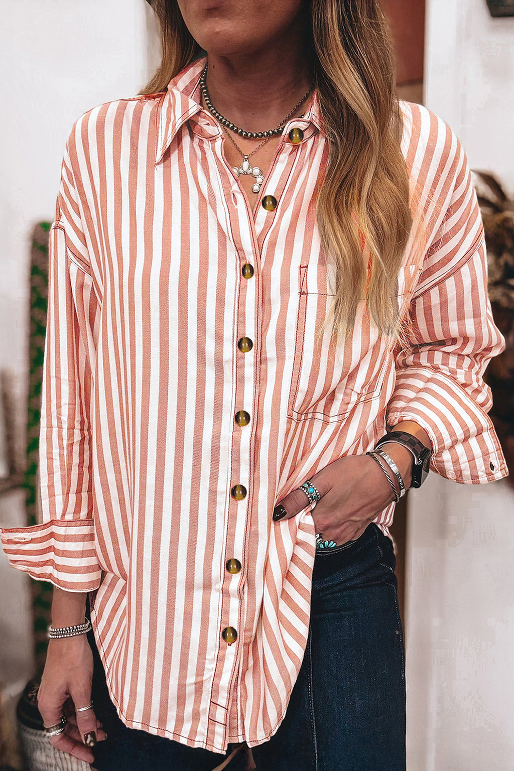Brown Stripe Western Button Down Long Sleeve Casual Shirt