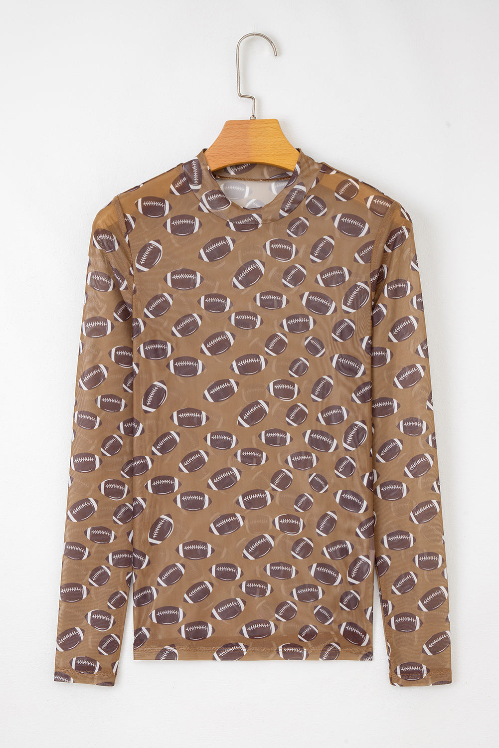 Brown Game Day Rugby Mesh Sheer Long Sleeve Top