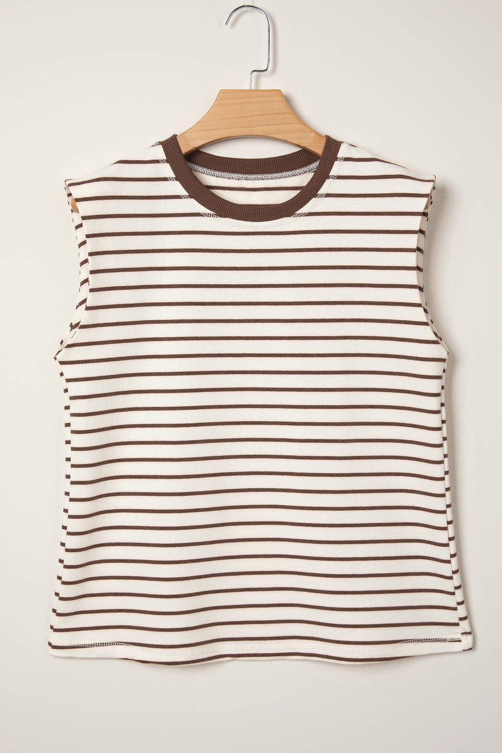 Brown Stripe Ribbed Round Neck Trim Loose Tank Top