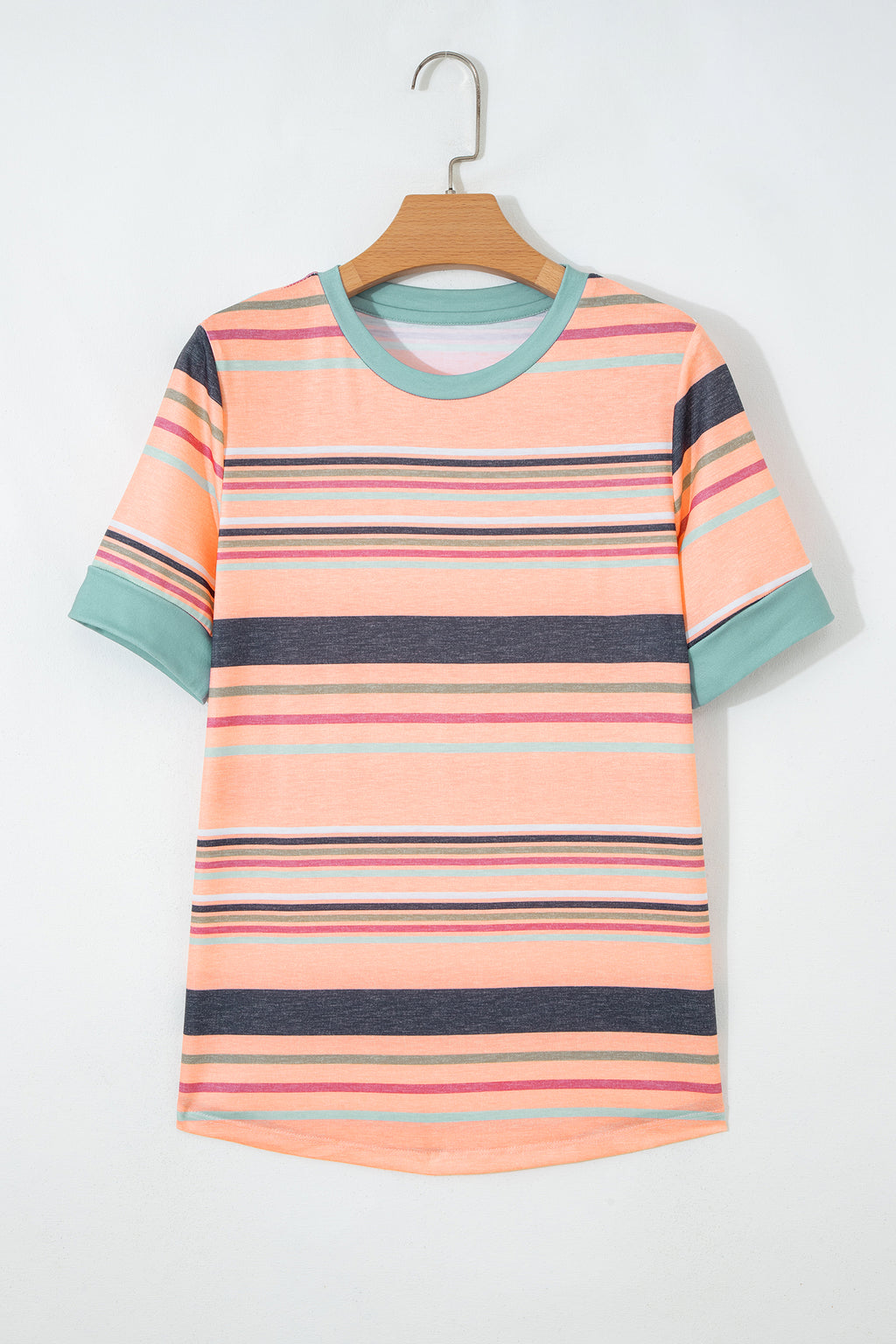 Pink Multicolor Stripes Crew Neck T Shirt