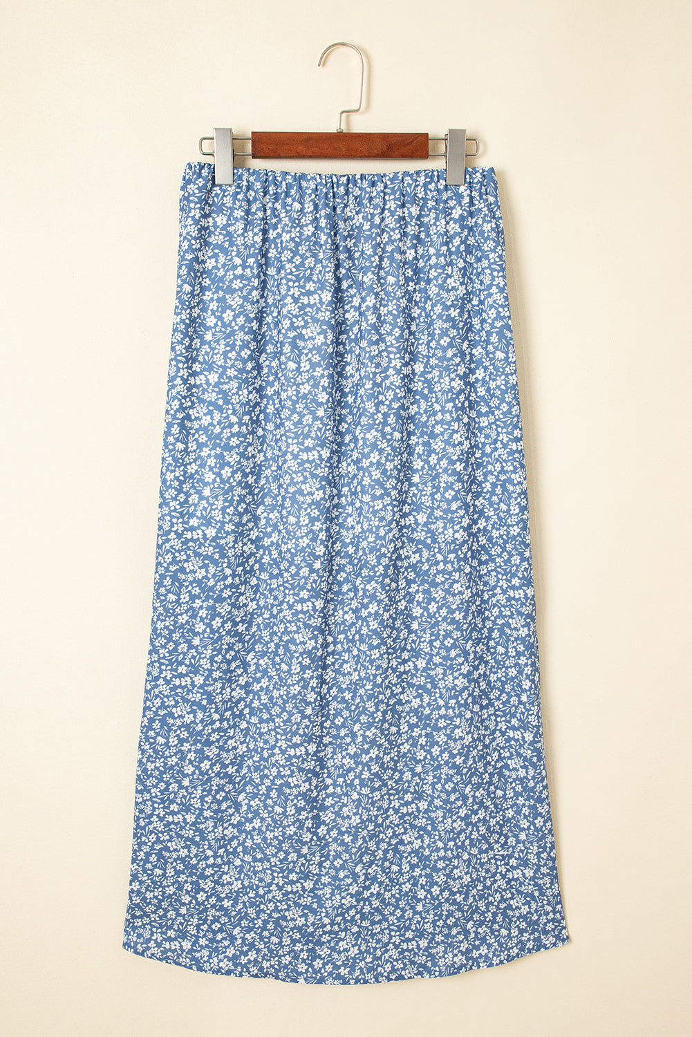 Sky Blue Boho Floral High Waist Long Skirt with Side Split
