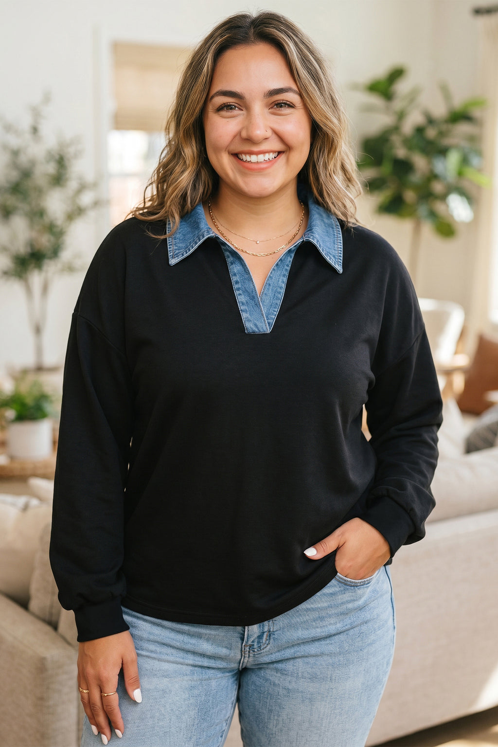 Black Solid V Neck Tunic Shift Long Sleeve Plus Size Blouse