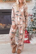 Brown Abstract Print Long Sleeve Two Piece Lounge Set