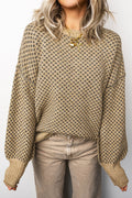 Khaki Geometric Print Drop Shoulder Round Neck Long Sleeve Sweater
