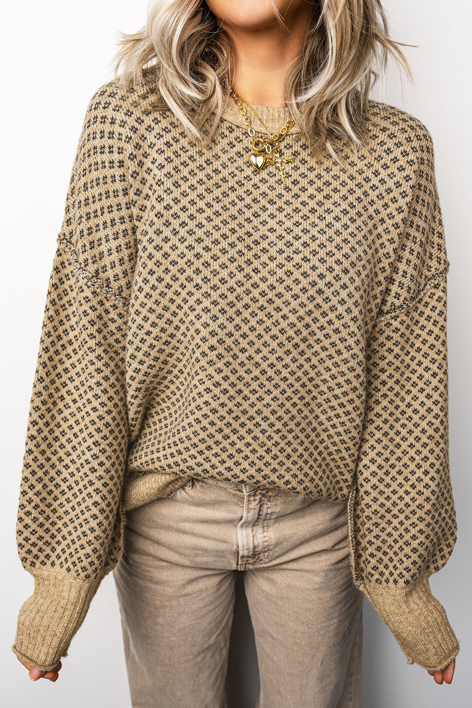 Khaki Geometric Print Drop Shoulder Round Neck Long Sleeve Sweater