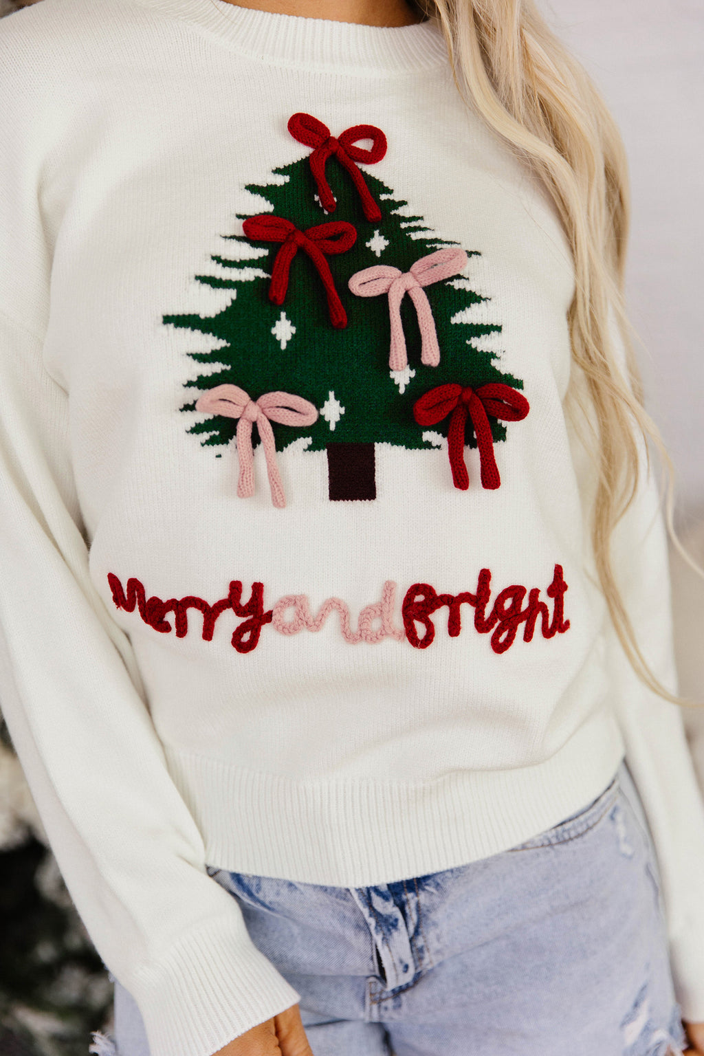 White Christmas Tree Bow Drop Shoulder Knit Sweater