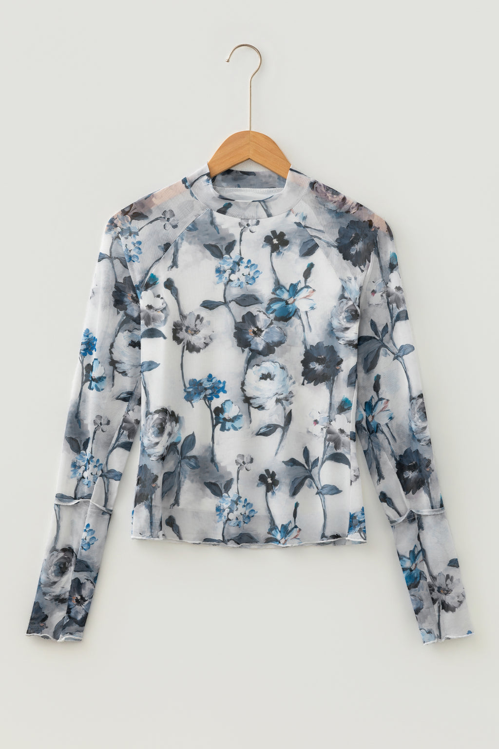 Sky Blue Floral Mesh High Neck Long Sleeve Sheath Top