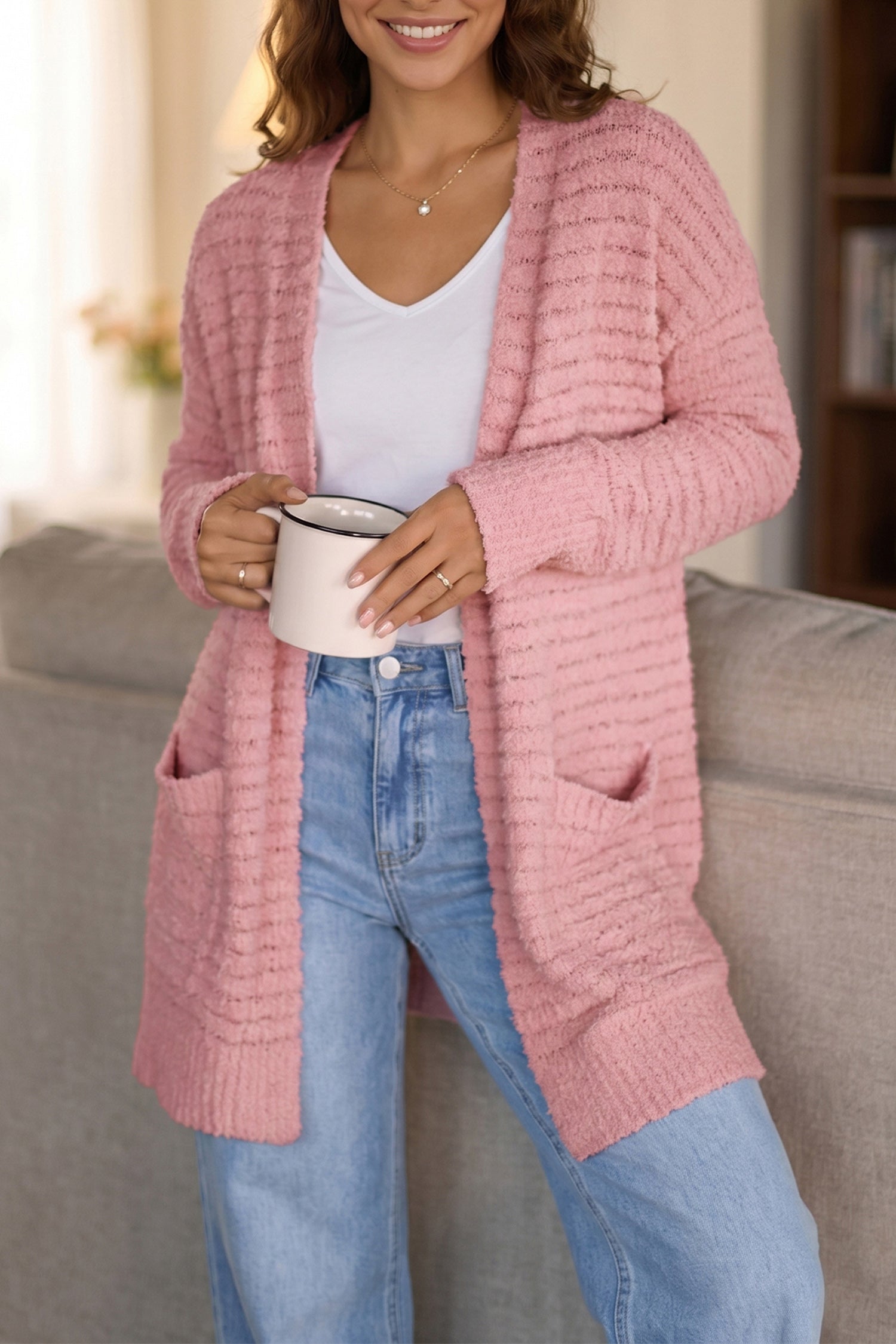 Light Pink Open Front Soft Fuzzy Ribbed Sweater Cardigan