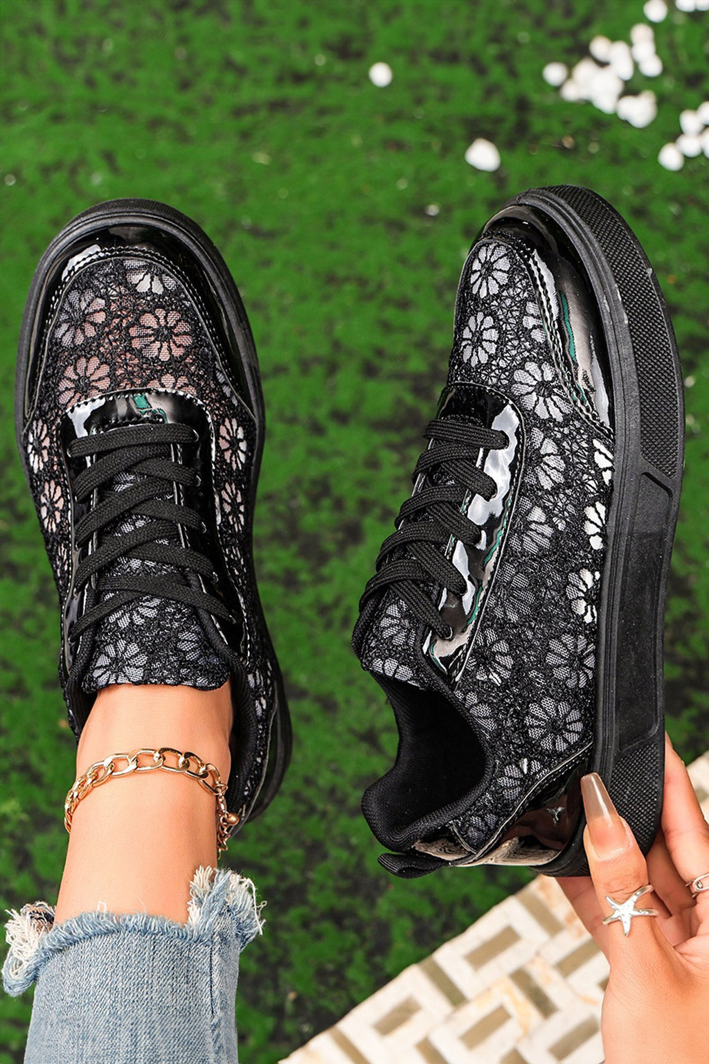Color black Sheer Floral Lace Slip-On Casual Sneakers