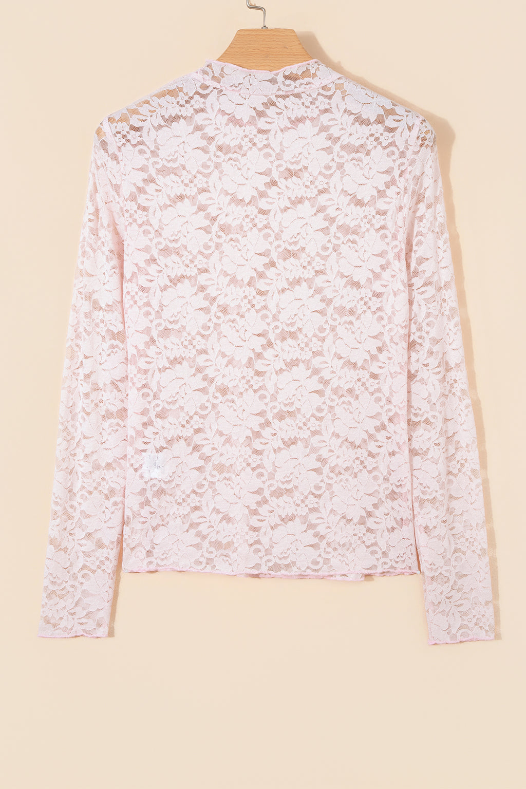 Light Pink Floral Lace Long Sleeve Stand Neck Pullover Top