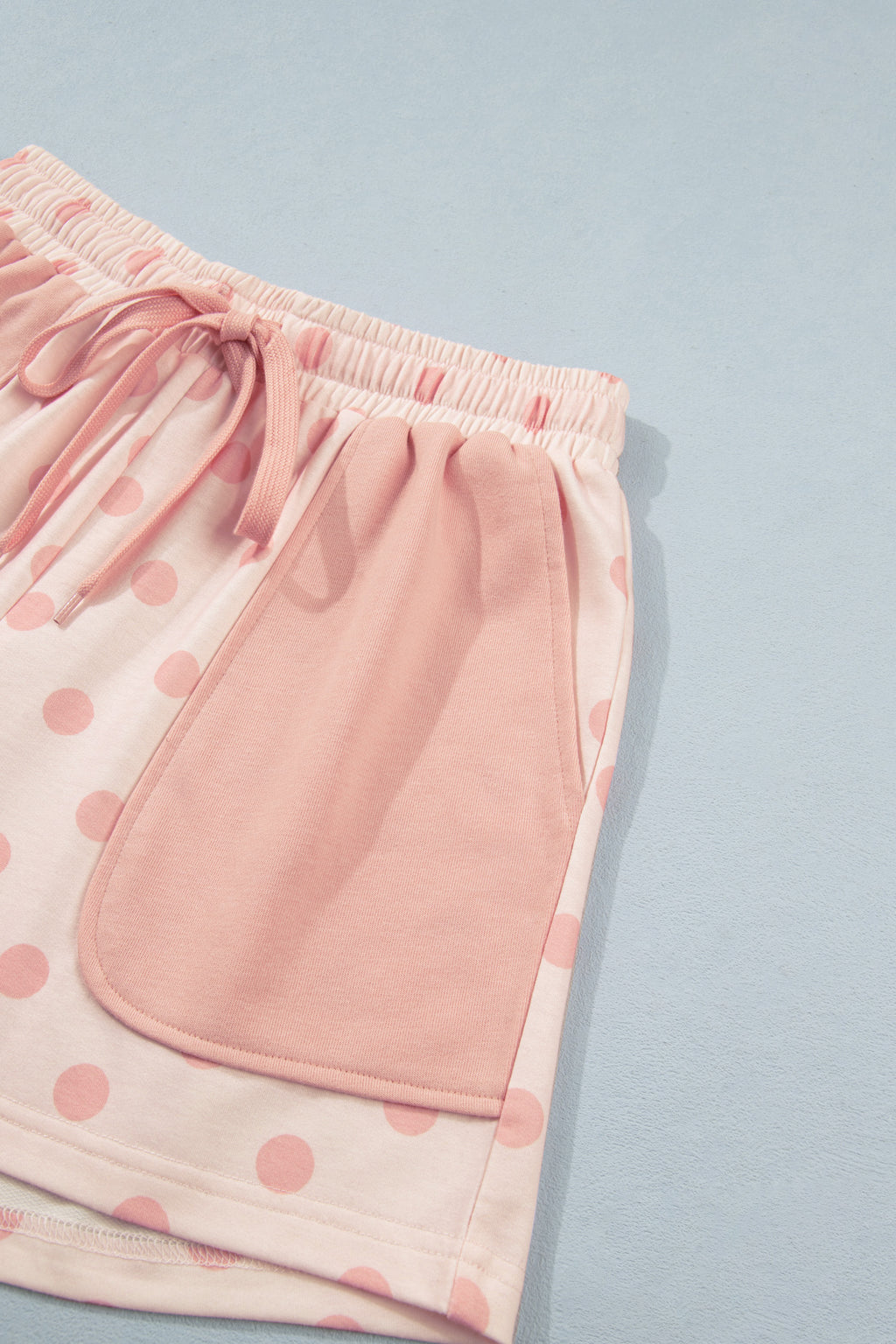 Pink Polka Dot Drop Shoulder Polo Loose Pullover Patch Pocket Casual Shorts Set
