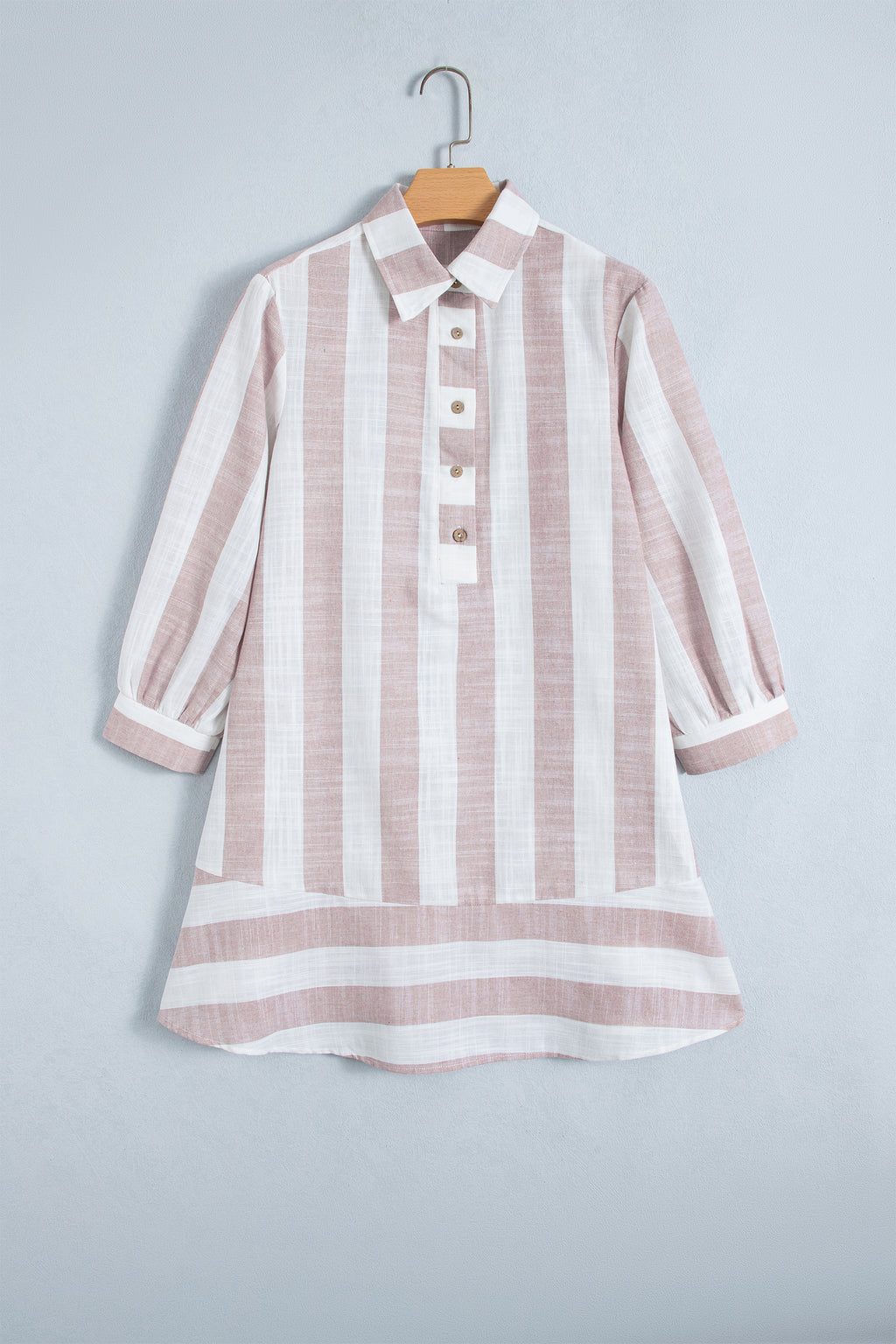 Khaki Stripe Striped Button-Up Three-Quarter Sleeve Short Shift Dress
