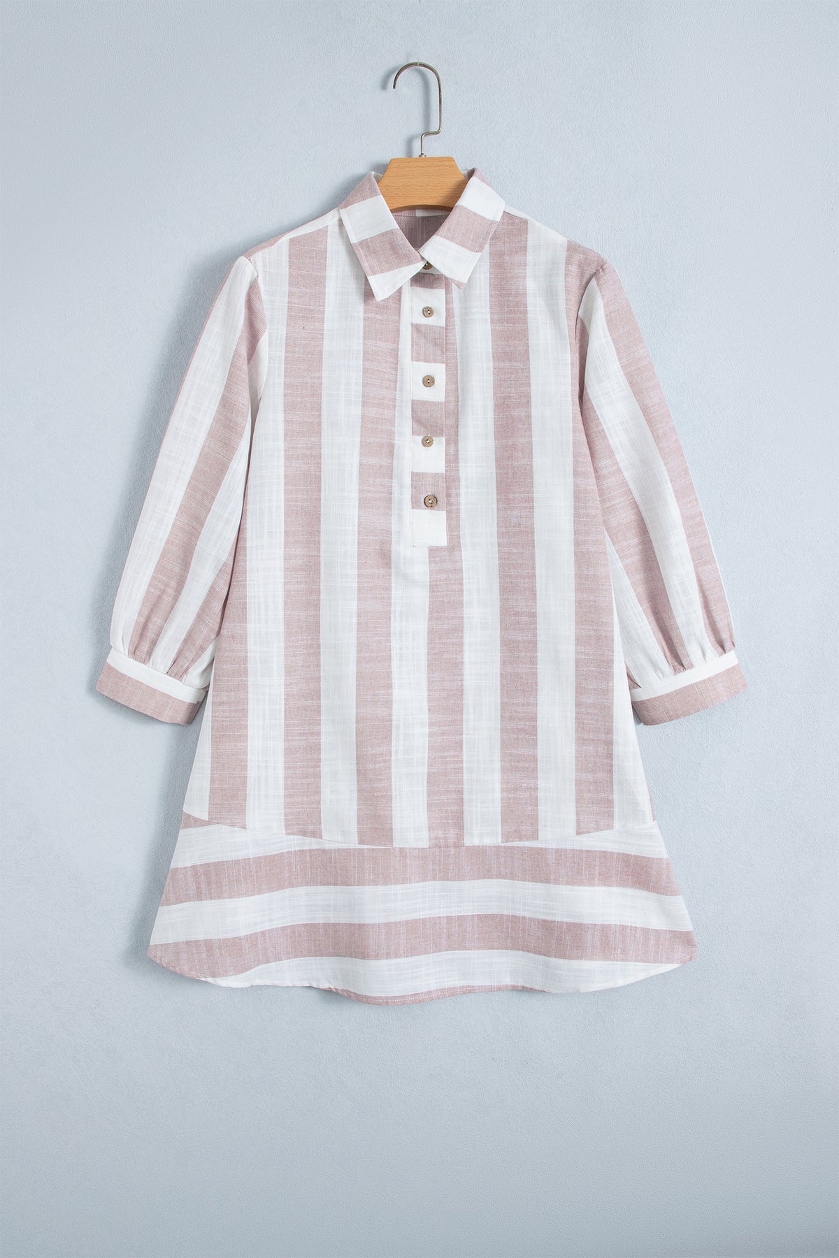 Khaki Stripe Striped Button-Up Three-Quarter Sleeve Short Shift Dress