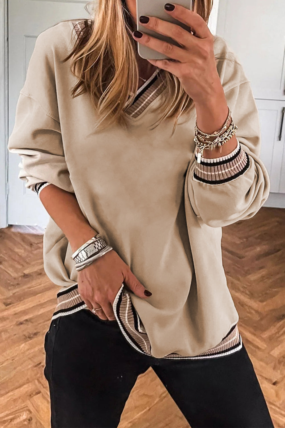 Gray Varsity Contrast Striped Trim V Neck Sweatshirt