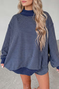 Blue Stripe Ribbed Patchwork Mock Neck Baggy Pullover Matching Shorts Set