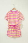 Pink Stripe Loose Short Sleeve Top and Skirt Set