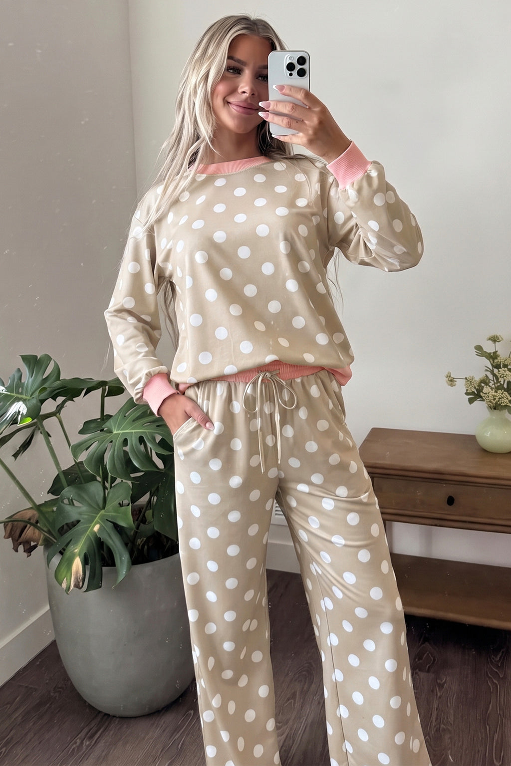Khaki Polka Dot Contrast Trim Long Sleeve Top Drawstring Shift Pants Set