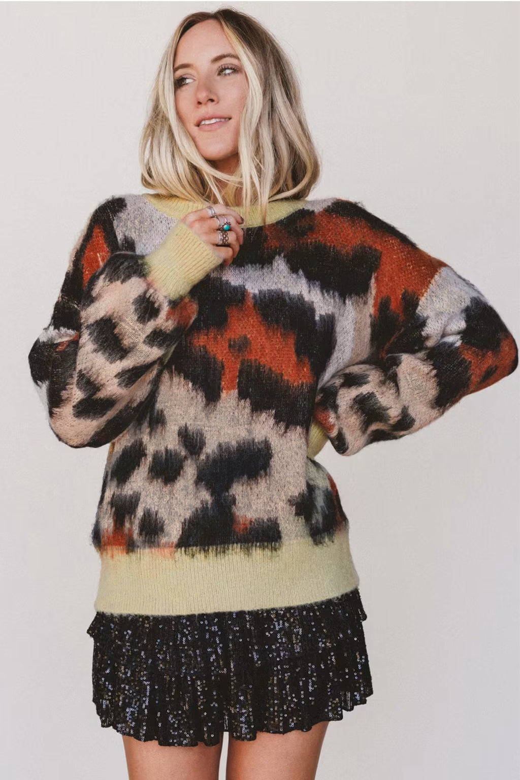 Khaki Leopard Print Drop Shoulder Long Sleeve Round Neck Sweater