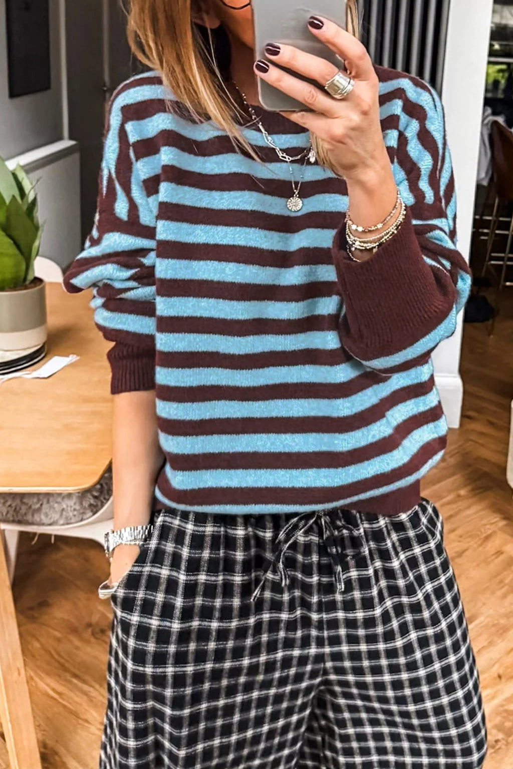 Brown Stripe Color Block Loose Crew Neck Cuffed Sweater