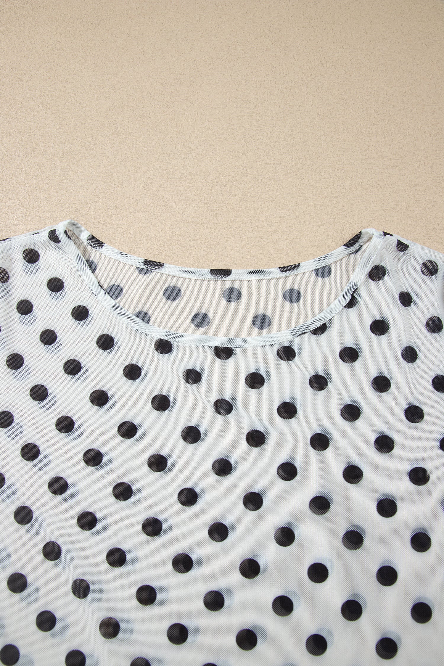 Black Polka Dot Sheer Mesh Long Sleeve Round Neck Shift Blouse
