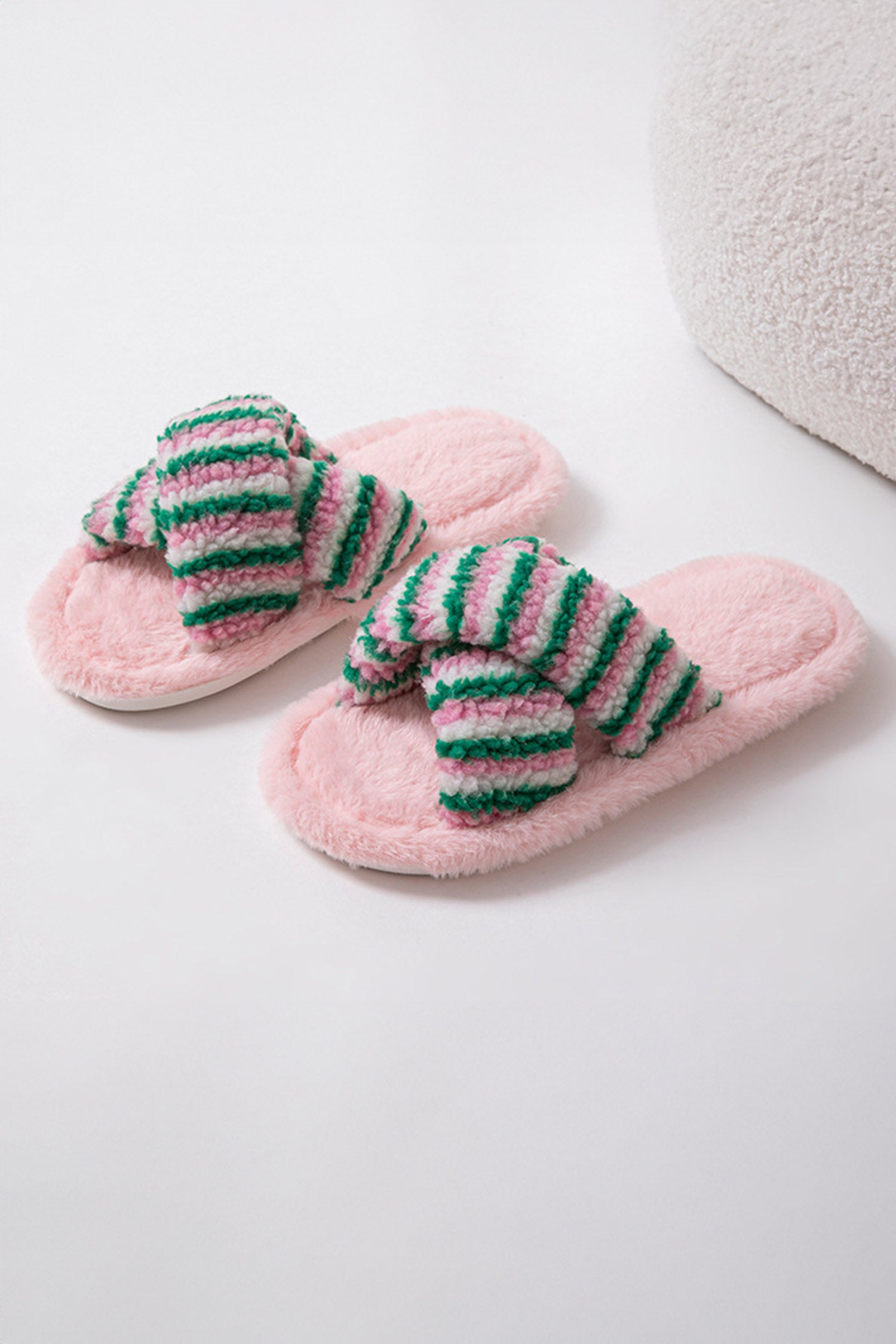 Pink Striped Cross Band Soft Plush Open Toe Slippers