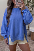 Sky Blue Mineral Wash Split Hem Loose Tunic Sweatshirt