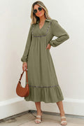 Four Leaf Clover Collared V Neck Smocked Detail Contrast Leopard Trim Bracelet Sleeve Long Dress