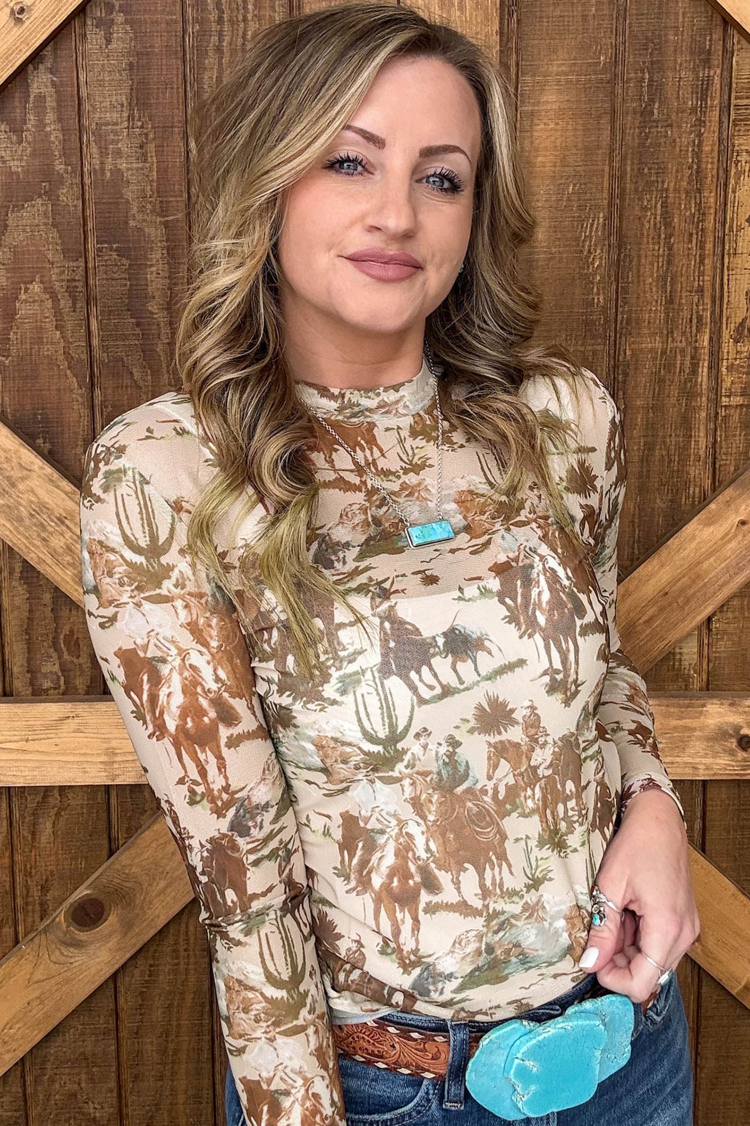 Brown Western Cowboy Floral Print Sheer Mesh Long Sleeve Top