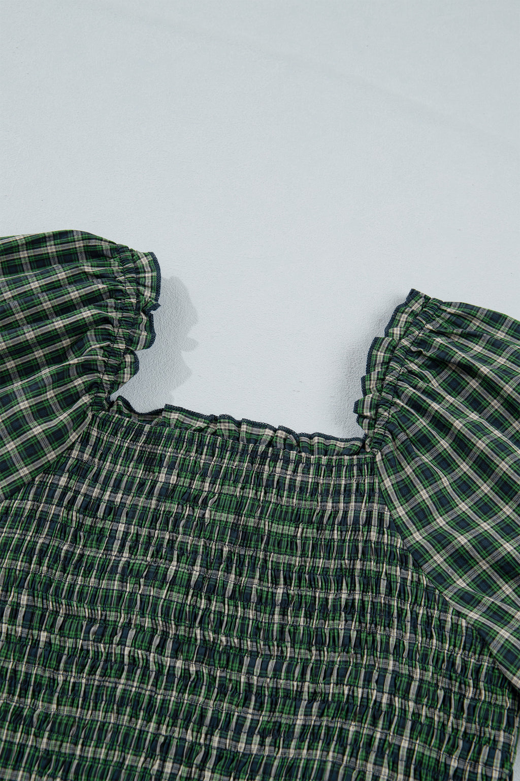 Green Plaid Square Neck Shirred High Waist Ruffle Hem Dress