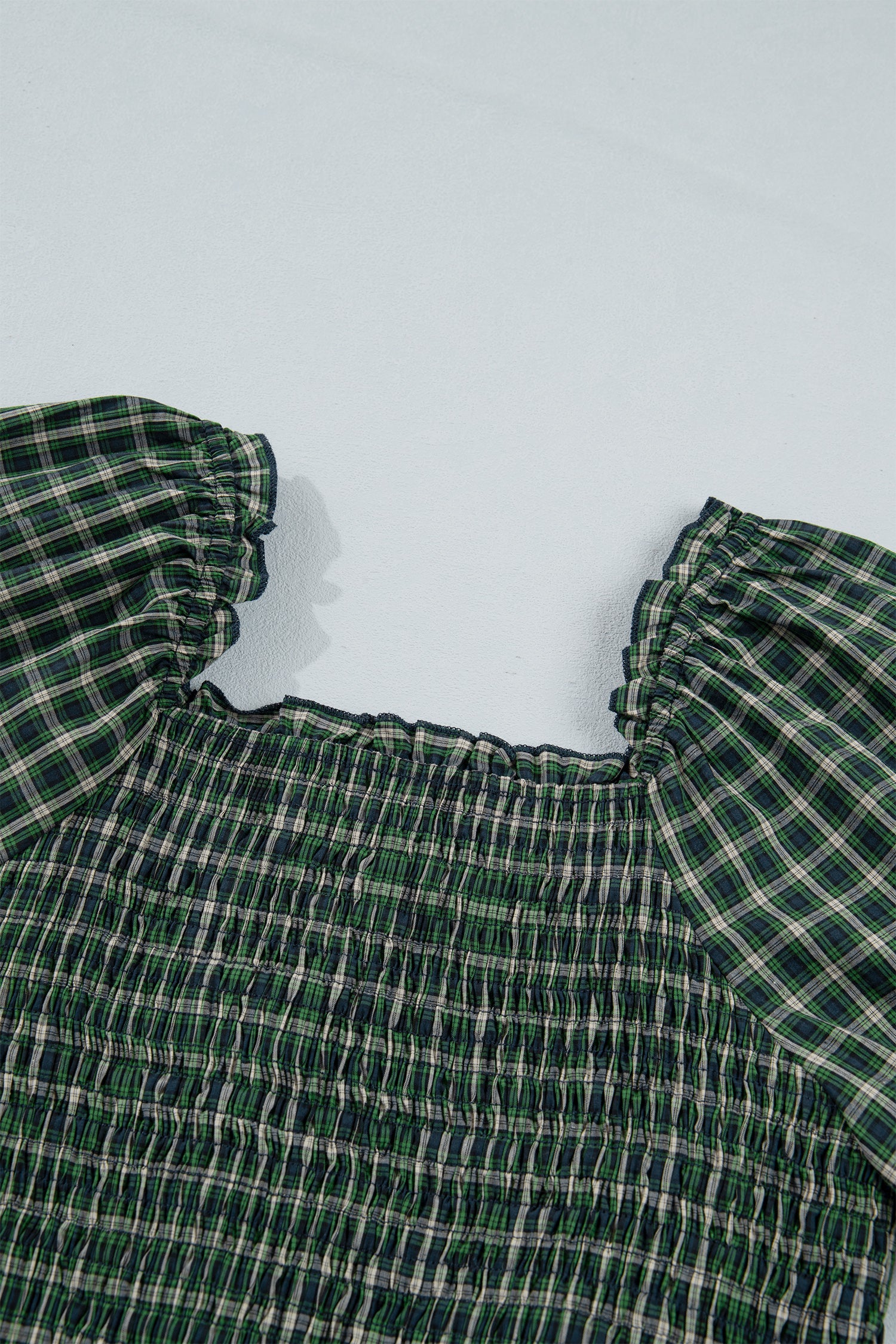 Green Plaid Square Neck Shirred High Waist Ruffle Hem Dress