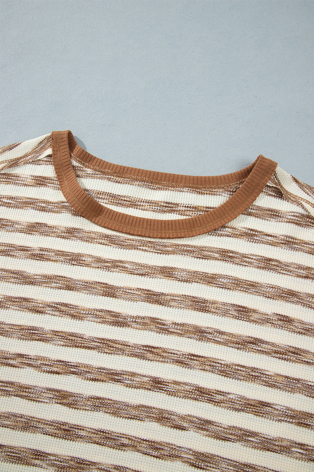 Brown Stripe Textured Knit Color Block Trim Long Sleeve Round Neck Top