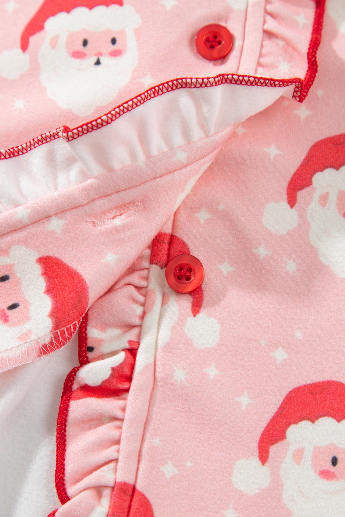 Pink Christmas Santa Print Frilled Button Front Long Sleeve Top Lounge Pant Set