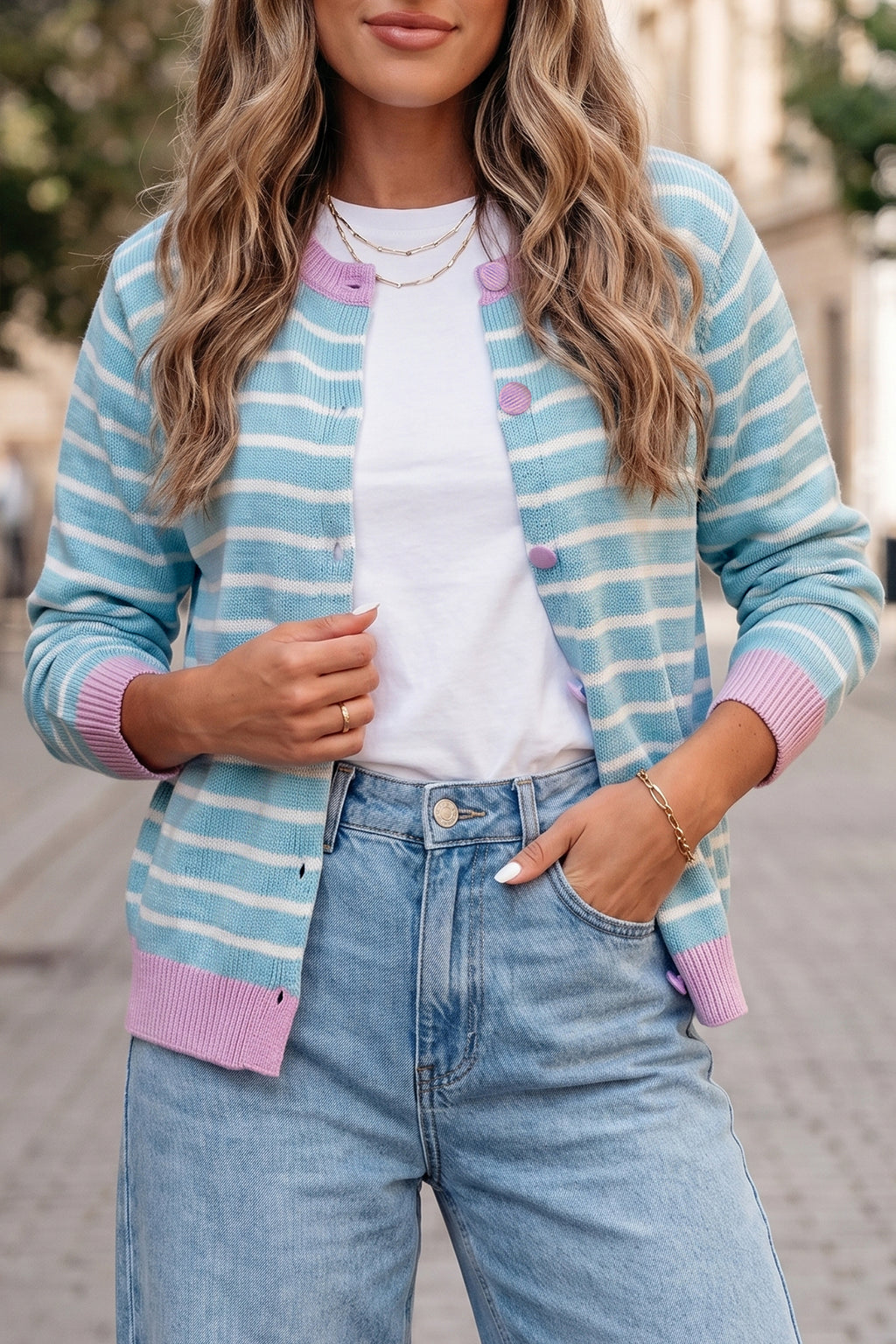 Sky Blue Stripe Contrast Trim Button Down Casual Sweater Cardigan