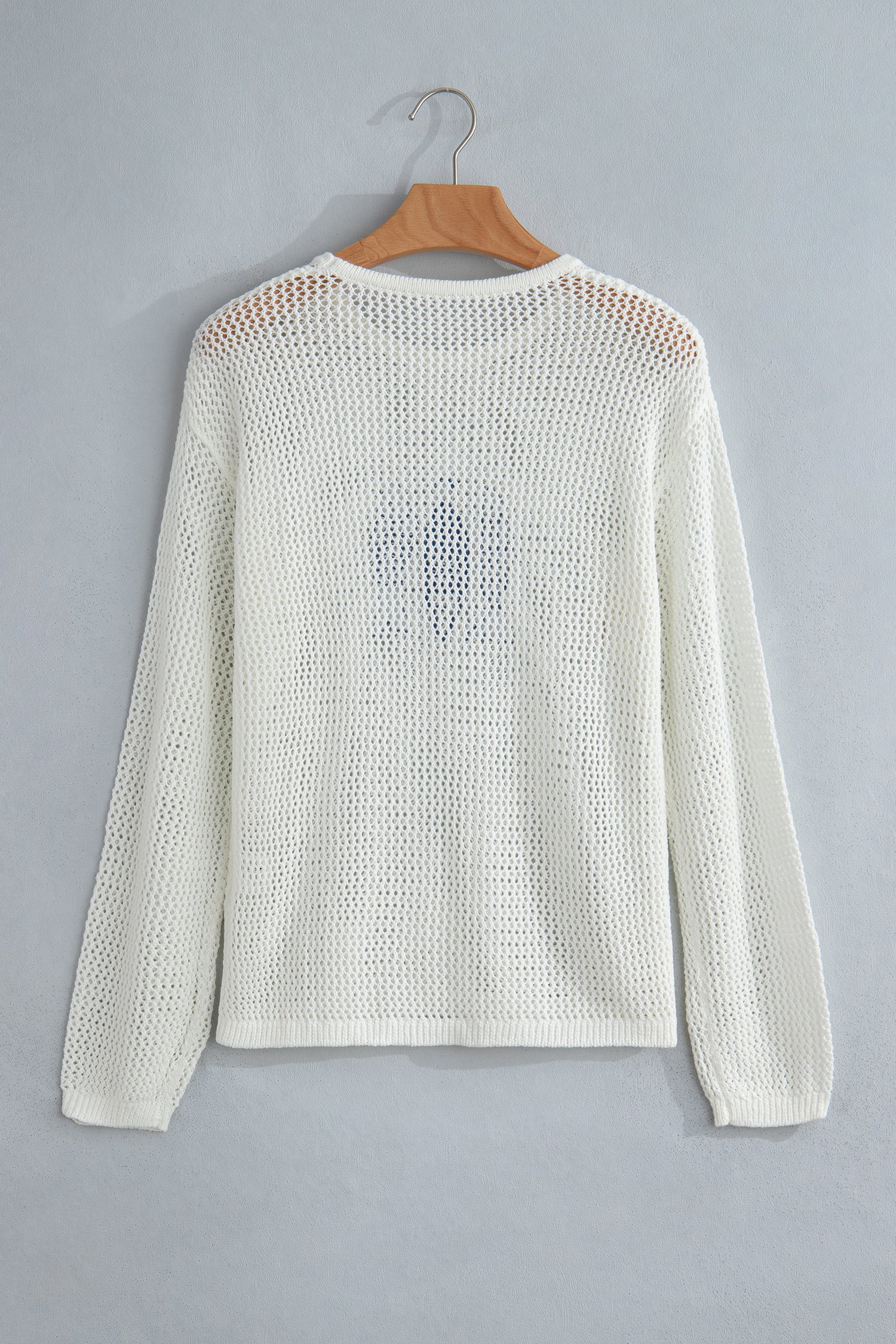 White Open Knit Fish Embroidered Casual Sweater