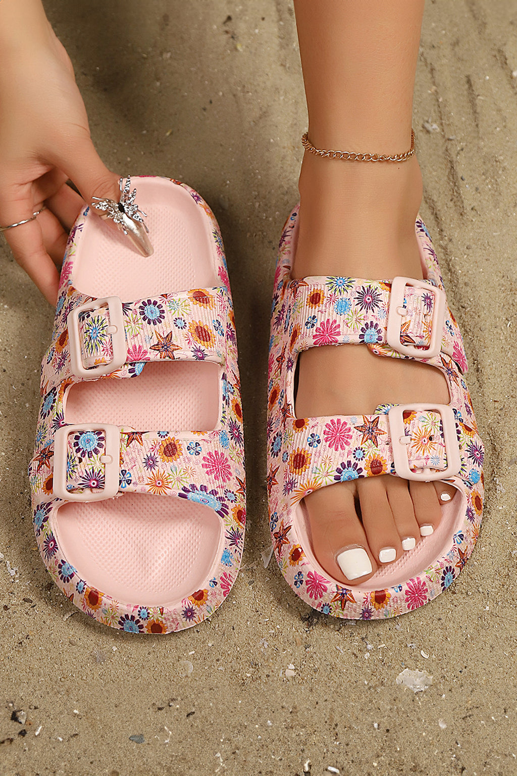 Pink Floral Print Double Buckle Casual Slippers