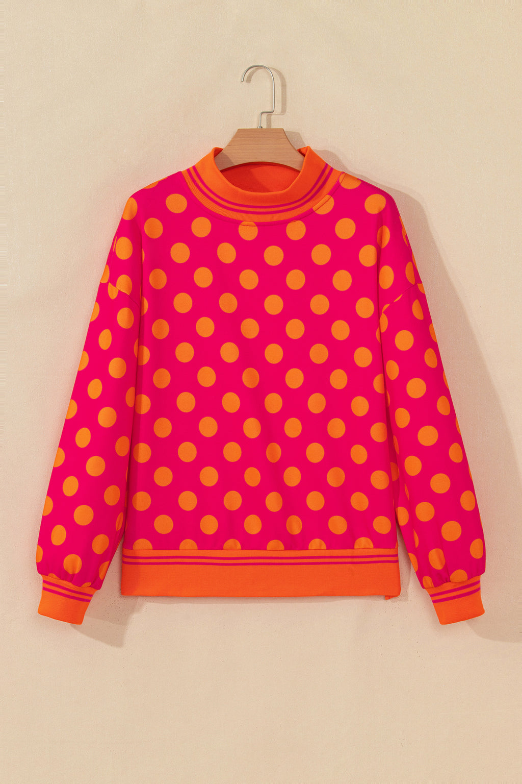 Rose Polka Dot Striped Trim Mock Neck Sweatshirt