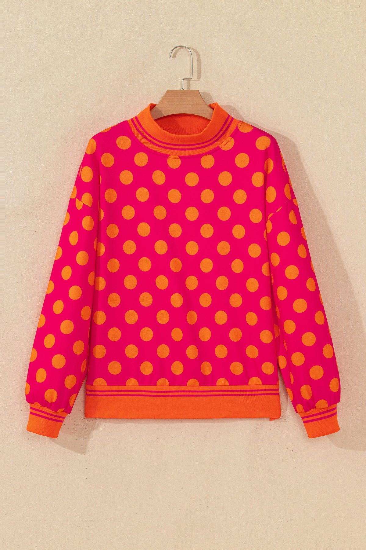 Rose Polka Dot Striped Trim Mock Neck Sweatshirt
