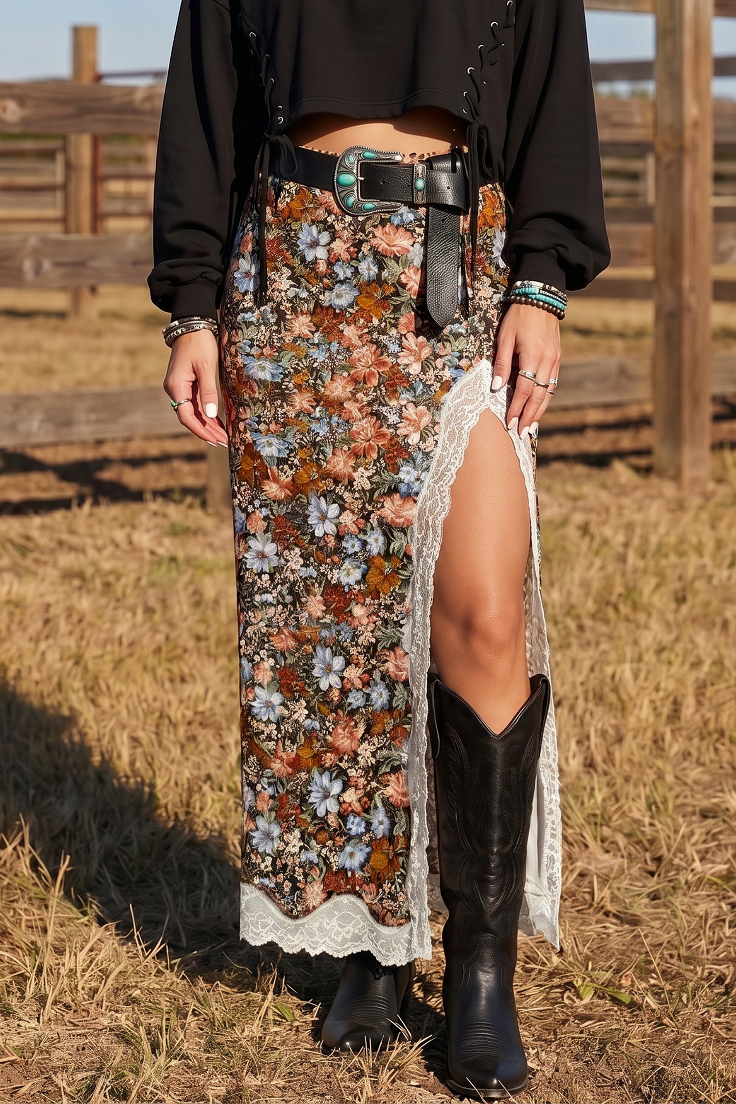 Multicolour Cheetah Print Trim Split Long Western Skirt