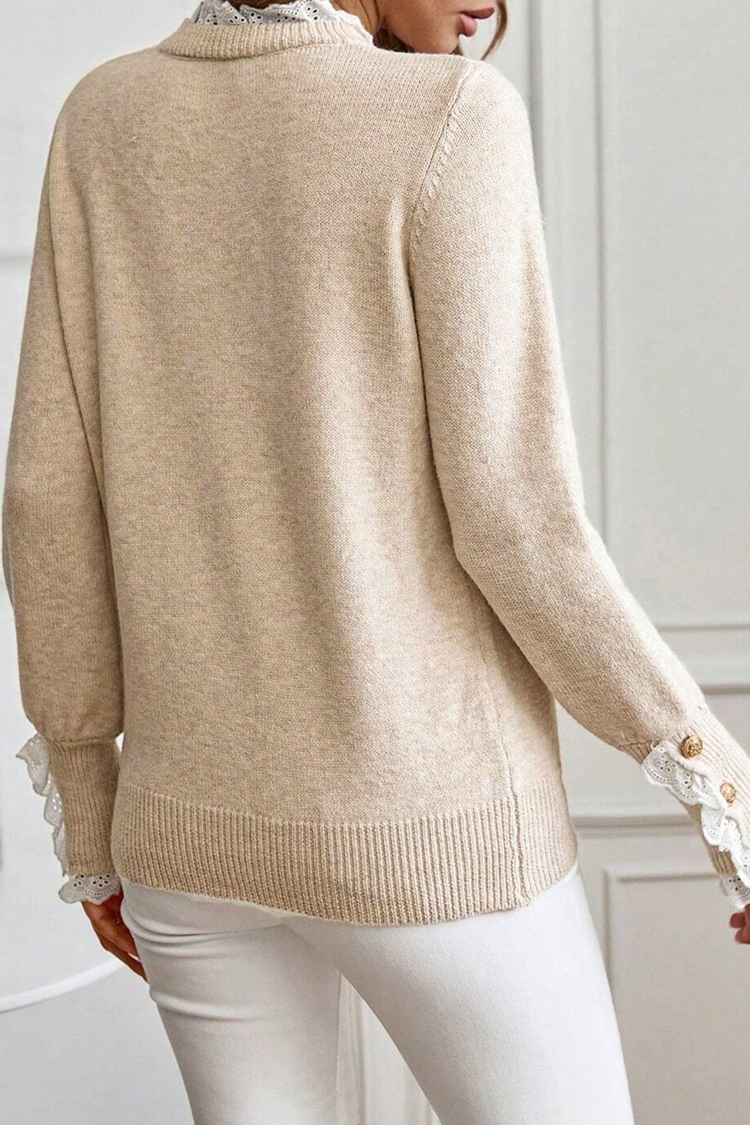 Jet Stream Lace Trim Patchwork Buttoned Cuffs Loose Sweater