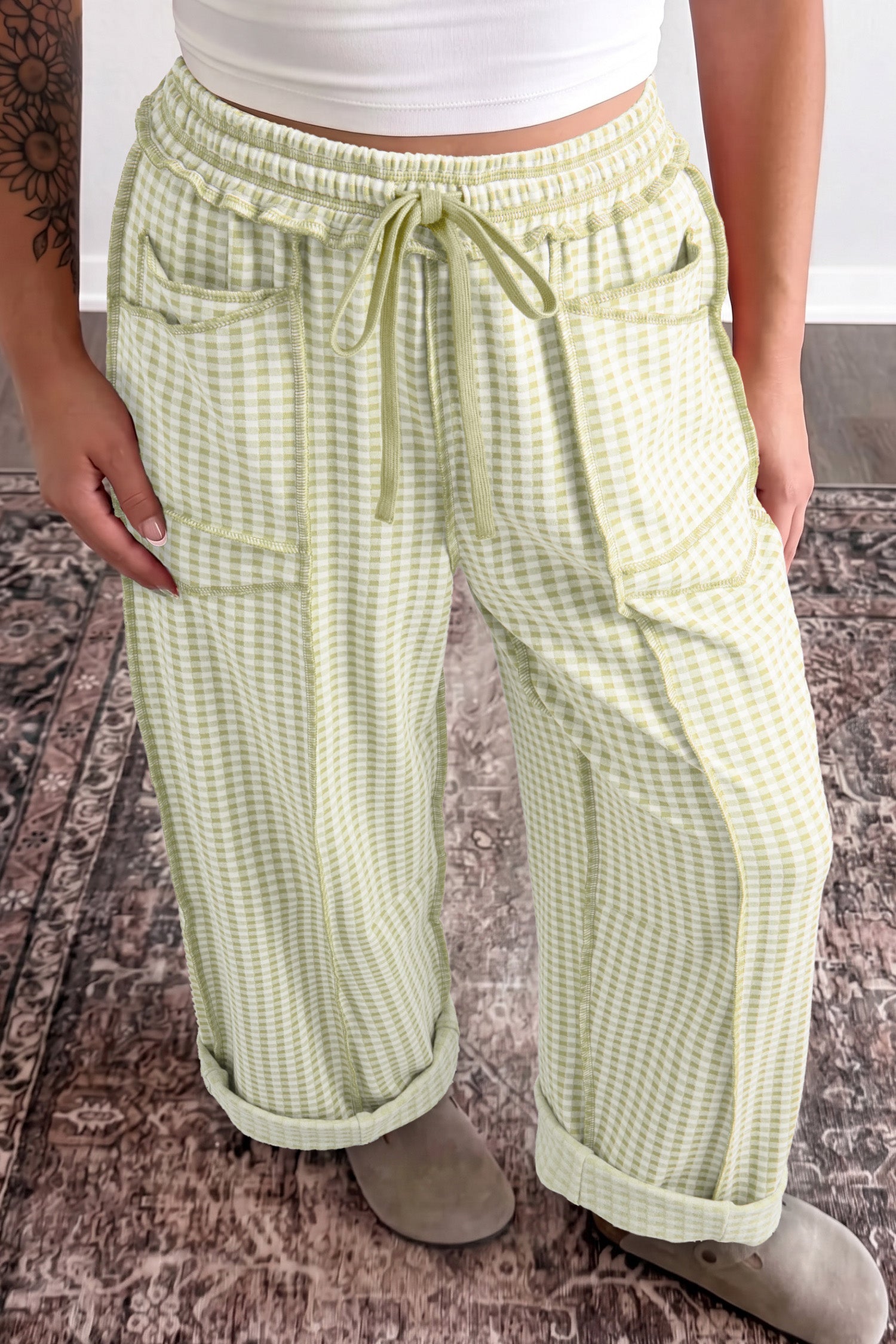 Green Plaid Contrast Trim Drawstring Elastic Waist Shift Pants