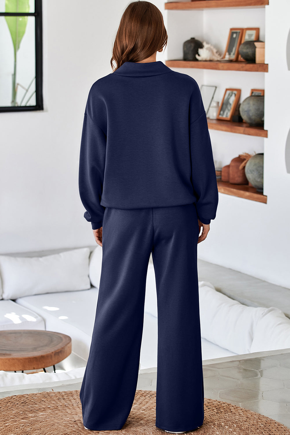 Dusk Blue Solid Color Cowl Neck Drawstring Pullover Wide Leg Athleisure Pants Set